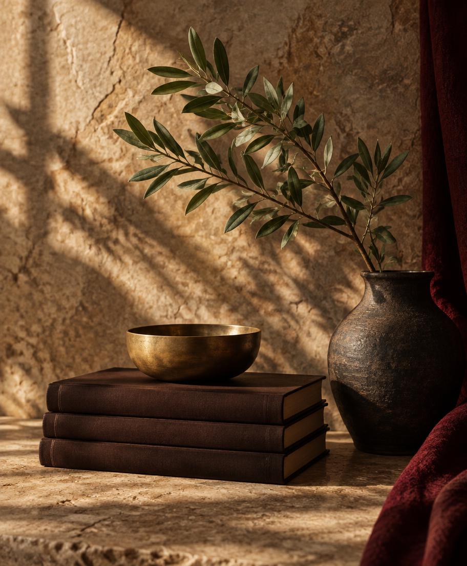 A quiet still life of books and natural materials